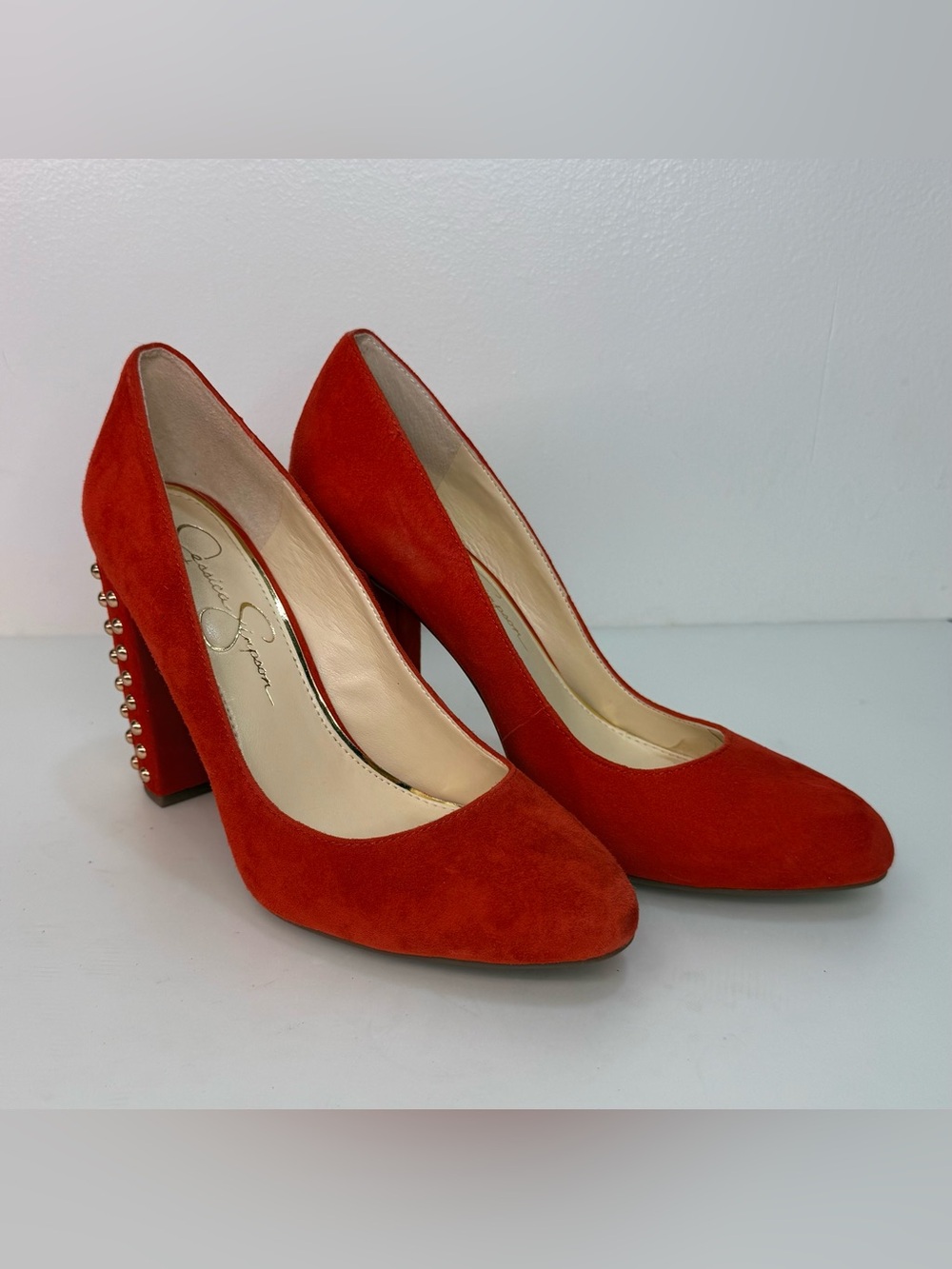 Jessica Simpson Red Suede Block Heel w/ Metal Detail Pumps